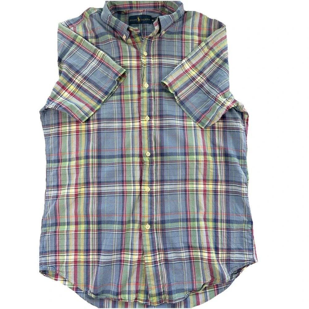 Ralph Lauren Button Down Short Sleeve Blue Yellow Red Plaid Sz Medium M